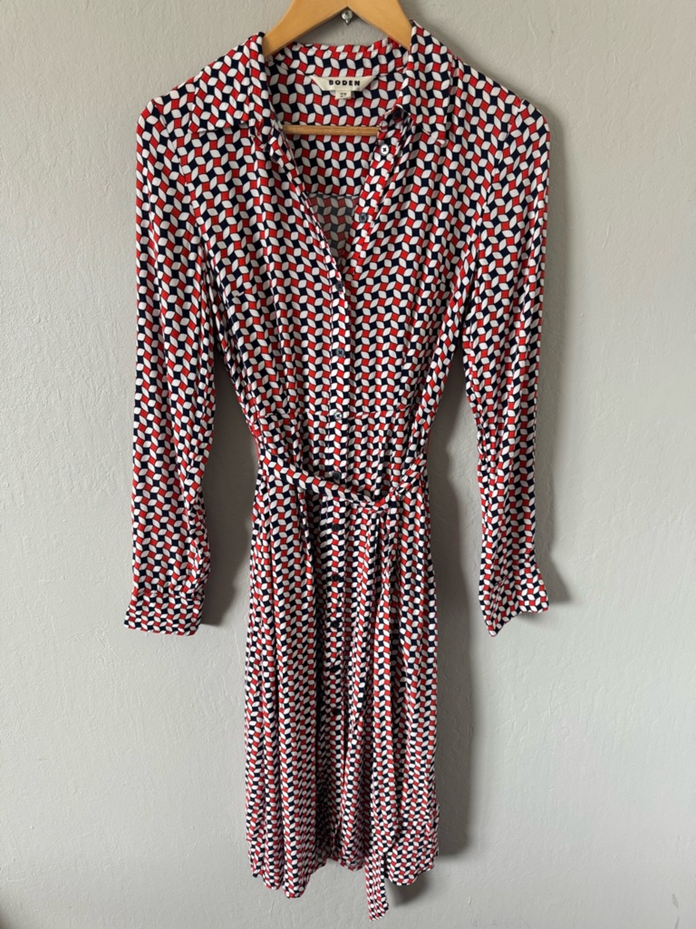 Boden Kate Midi Red White and Navy Geometric Print Shirt Dress SZ 4